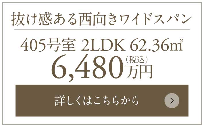 抜け感ある西向きワイドスパン｜405号室 2LDK 62.36㎡ 6,480万円（税込）