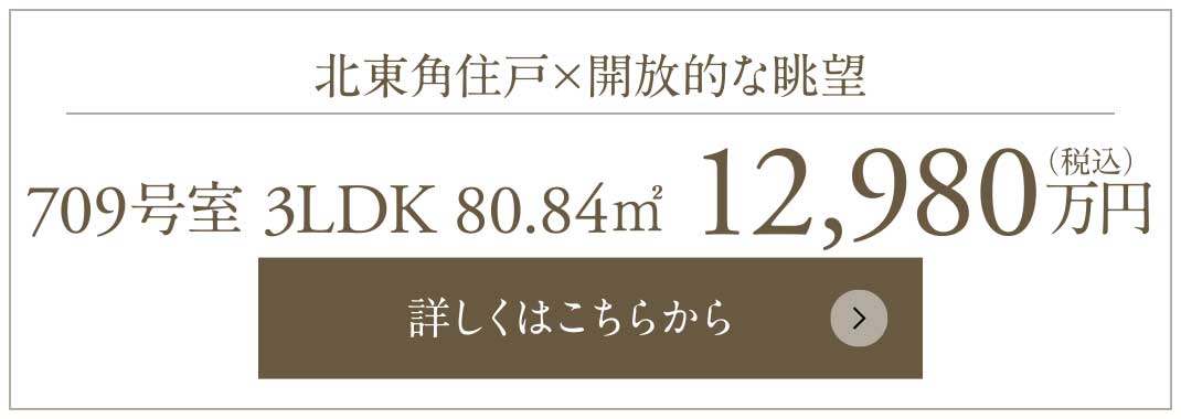 北東角住戸×開放的な眺望｜709号室 3LDK 80.84㎡ 12,980万円（税込）