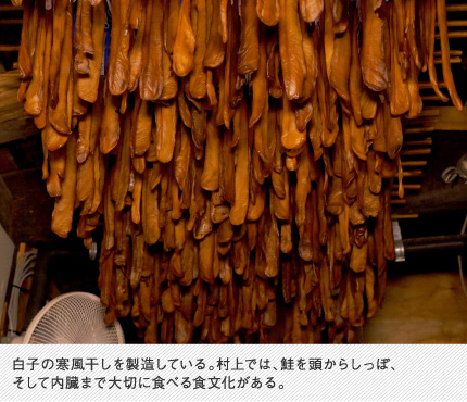 白子の寒風干しを製造している。村上では、鮭を頭からしっぽ、そして内臓まで大切に食べる食文化がある。