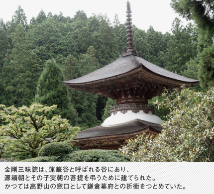 金剛三昧院は、蓮華谷と呼ばれる谷にあり、源頼朝とその子実朝の菩提を弔うために建てられた。かつては高野山の窓口として鎌倉幕府との折衝をつとめていた。