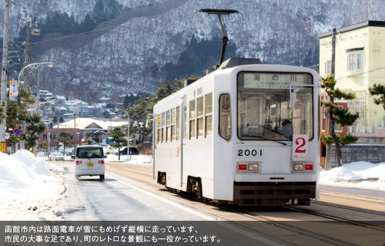 函館市内は路面電車が雪にもめげず縦横に走っています、市民の大事な足であり、町のレトロな景観にも一役かっています。