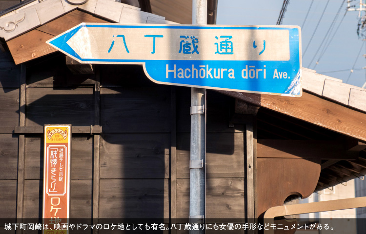 街中にはさまざまなロケ地があり、八丁蔵通りにも女優の手形などモニュメントがある。