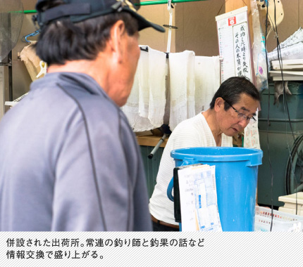 併設された出荷所。常連の釣り師と釣果の話など情報交換で盛り上がる。