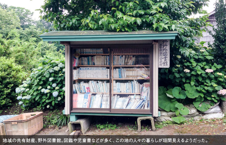地域の共有財産、野外図書館。図鑑や児童書などが多く、この地の人々の暮らしが垣間見えるようだった。