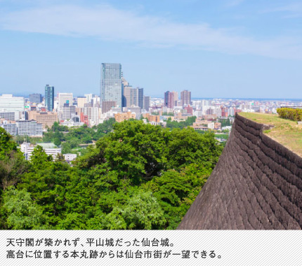 天守閣が築かれず、平山城だった仙台城。高台に位置する本丸跡からは仙台市街が一望できる。