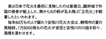 実は日本で花火を最初に見物したのは家康公。駿府城で外国の使者が献上した、筒から火の粉が乱れ飛ぶ「立花火」を観賞したといわれます。毎年60万もの人で賑わう安倍川花火大会は、静岡市の夏の風物詩。1万5000発もの花火が夜空と安倍川の川面を彩り、風情を漂わせます。