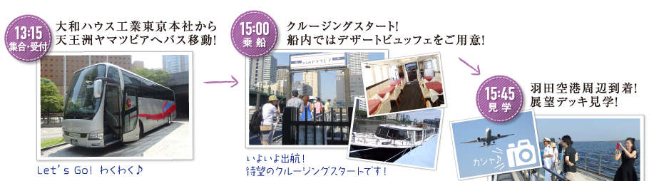 《13:15 集合・受付》大和ハウス工業東京本社から天王洲ヤマツピアへバス移動！　《15:00 乗船》クルージングスタート！船内ではデザートビュッフェをご用意！　《15:45 見学》羽田空港周辺到着！展望デッキ見学！