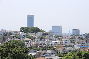 高台から開けたのどかな空の向こうには、新横浜を望む。天気が良いと、富士山やみなとみらいまで見えることも。 高台から開けたのどかな空の向こうには、新横浜を望む。天気が良いと、富士山やみなとみらいまで見えることも。
