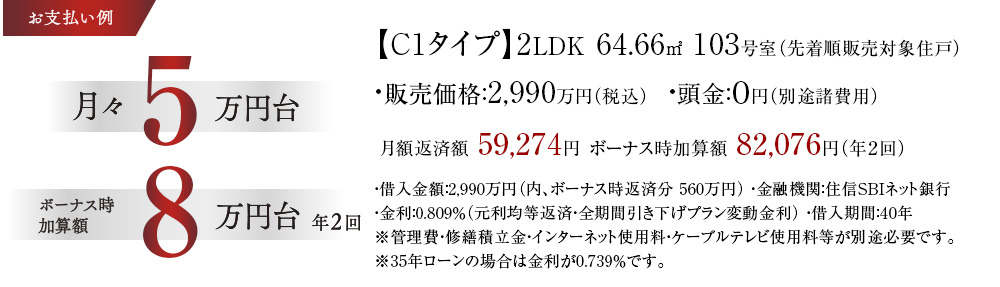 お支払い例【C1タイプ】3LDK、64.66㎡ 103号室