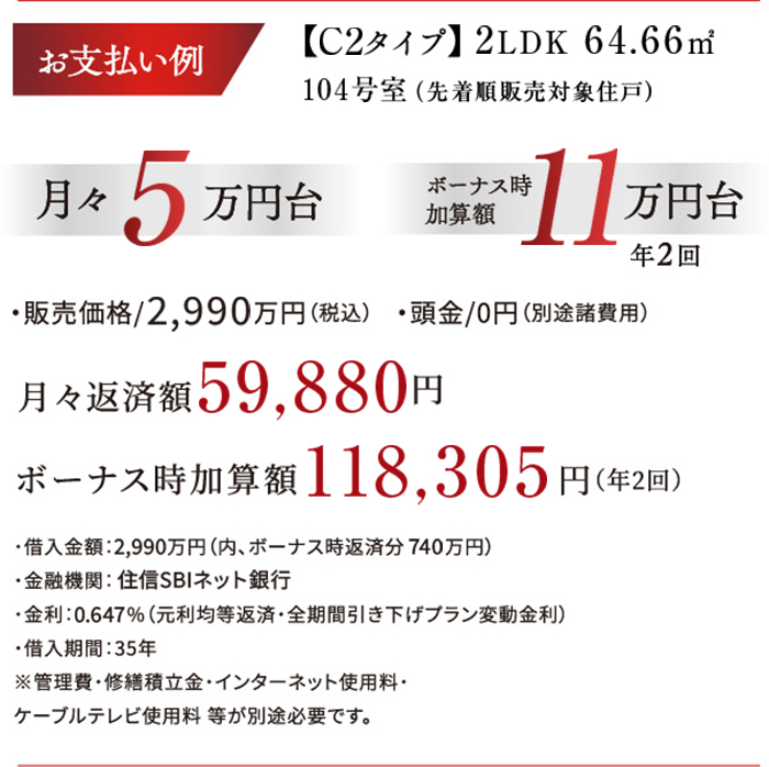 お支払い例【C2タイプ】3LDK、64.66㎡104号室