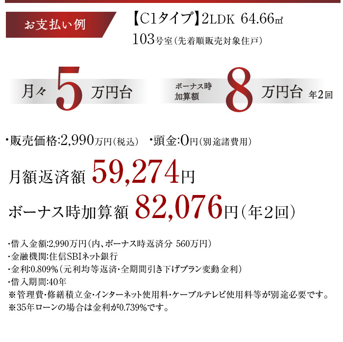 お支払い例【C1タイプ】3LDK、64.66㎡ 103号室