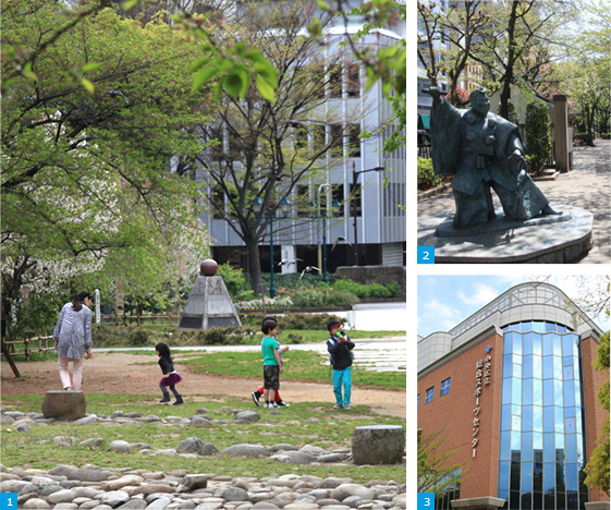 １：自然とふれあえる浜町公園　２：人形町と日本橋浜町の間を通る浜町緑道　３：浜町公園に隣接する中央区立総合スポーツセンター