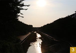 石神井川に沈む夕日で川面が輝く。