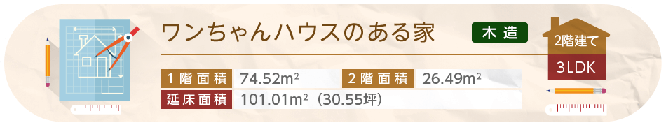 ワンちゃんハウスのある家 2階建て 3LDK 1階面積74.52平方メートル 2階面積26.49平方メートル 延床面積101.01平方メートル（30.55坪）