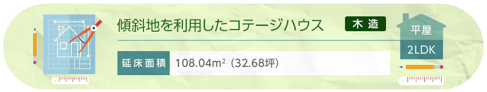 傾斜地を利用したコテージハウス 平屋 2LDK 延床面積108.04平方メートル（32.68坪）