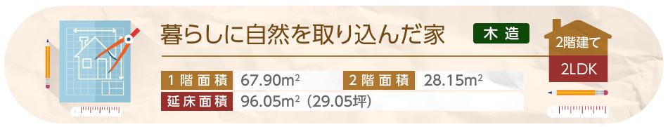 暮らしに自然を取り込んだ家 2階建て 2LDK 1階面積67.90平方メートル 2階面積28.15平方メートル 延床面積96.05平方メートル（29.05坪）