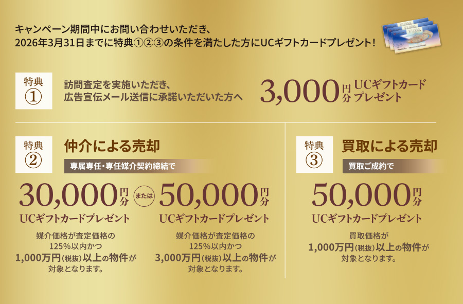キャンペーン期間中にお問い合わせいただき、２０２６年３月３１日までに特典①②③の条件を満たした方にＵＣギフトカードプレゼント！