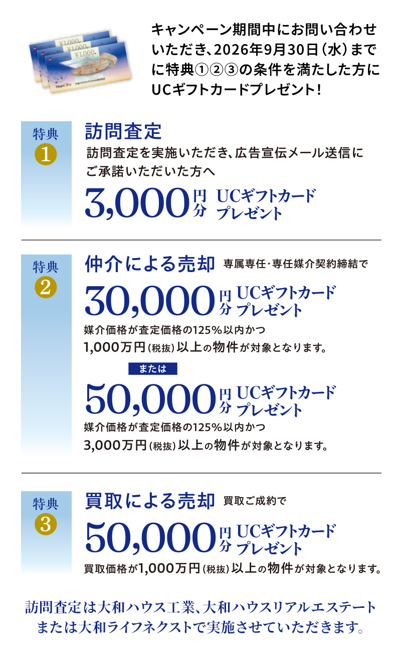 キャンペーン期間中にお問い合わせいただき、2026年9月30日までに特典①②③の条件を満たした方にUCギフトカードプレゼント!