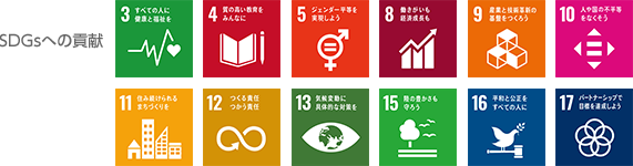 SDGsへの貢献 3:すべての人に健康と福祉を 4:質の高い教育をみんなに 5:ジェンダー平等を実現しよう 8:働きがいも経済成長も 9:産業と技術革新の基盤をつくろう 10:人や国の不平等をなくそう 11:住み続けられるまちづくりを 12:つくる責任つかう責任 13:気候変動に具体的な対策を 15:陸の豊かさも守ろう 16:平和と公正をすべての人に 17:パートナーシップで目標を達成しよう