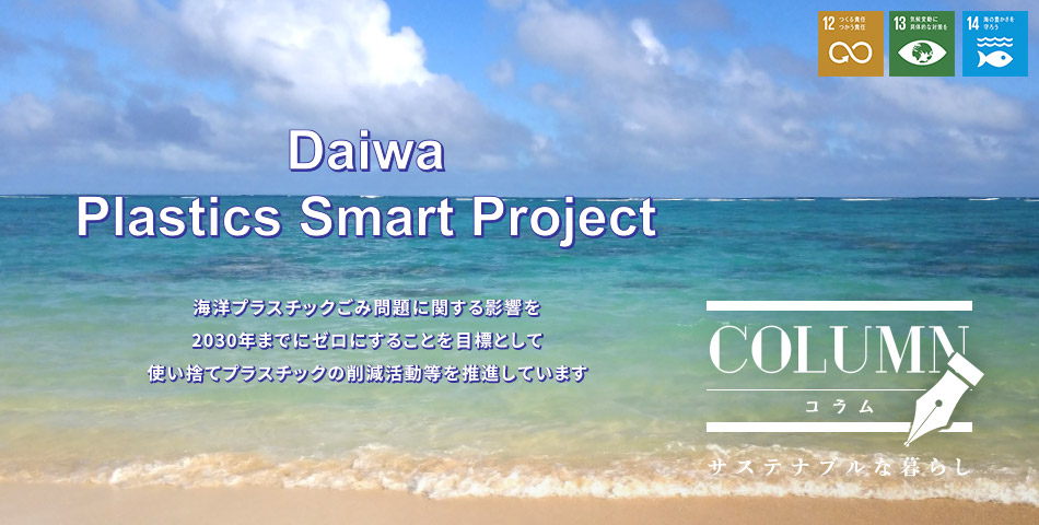 Daiwa Plastics Smart Project 「海洋プラスチックごみ問題に関する影響を2030年までにゼロにすることを目標として使い捨てプラスチックの削減活動等を推進しています」 COLUMN コラム サステナブルな暮らし