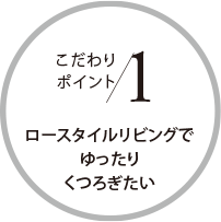 こだわりポイント1 ロースタイルリビングでゆったりくつろぎたい