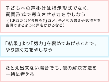 ・子どもへの声掛けは指示形式でなく、質問形式で考えさせる力をやしなう(「あなたはどう思う?」など、子どもの考えや気持ちを表現できるように声をかけるなど)・「結果」より「努力」を褒めてあげることで、やり抜く力をやしなう・たとえ出来ない場合でも、他の解決方法を一緒に考える