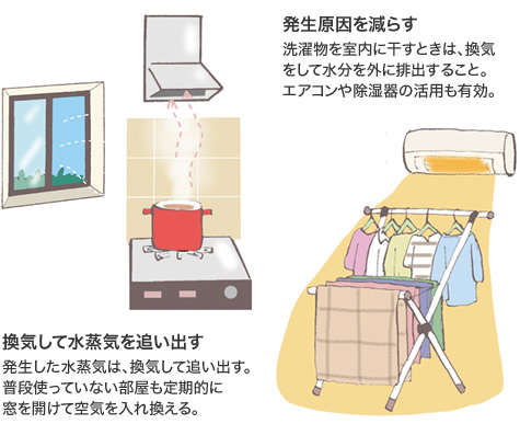 換気して水蒸気を追い出す　発生した水蒸気は、換気して追い出す。普段使っていない部屋も定期的に窓を開けて空気を入れ換える。／発生原因を減らす　洗濯物を室内に干すときは、換気をして水分を外に排出すること。エアコンや除湿器の活用も有効。