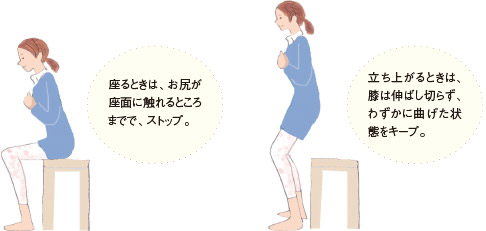 1.座るときは、お尻が座面に触れるとこ。2.立ち上がるときは、膝は伸ばし切らず、わずかに曲げた状態をキープ。