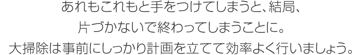 あれもこれもと手をつけてしまうと、結局、片づかないで終わってしまうことに。大掃除は事前にしっかり計画を立てて効率よく行いましょう。