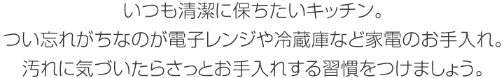 いつも清潔に保ちたいキッチン。つい忘れがちなのが電子レンジや冷蔵庫など家電のお手入れ。汚れに気づいたらさっとお手入れする習慣をつけましょう。