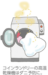 コインランドリーの高温乾燥機はダニ予防に。